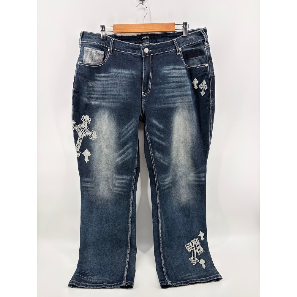 Flamingo, Cross Embroidery, Wide Leg Stretch, Dark Wash Denim Jeans, 4XL